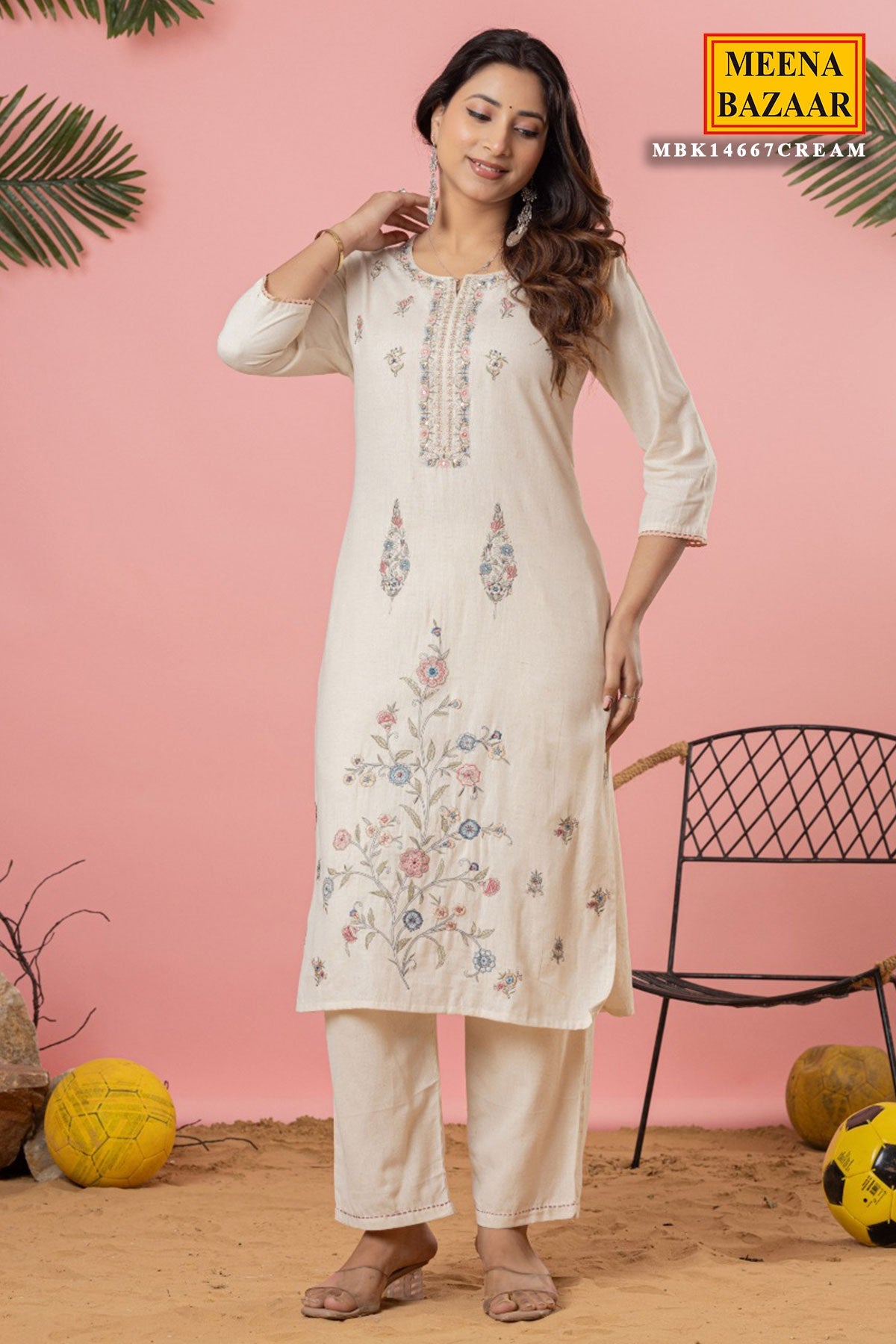 Cream Cotton Ready-Made Suit with Elegant Embroidered Neckline