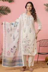 Cream Cotton Ready-Made Suit with Elegant Embroidered Neckline