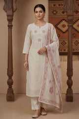 Cream Cotton ReadyMade Suit with Neck Embroidery