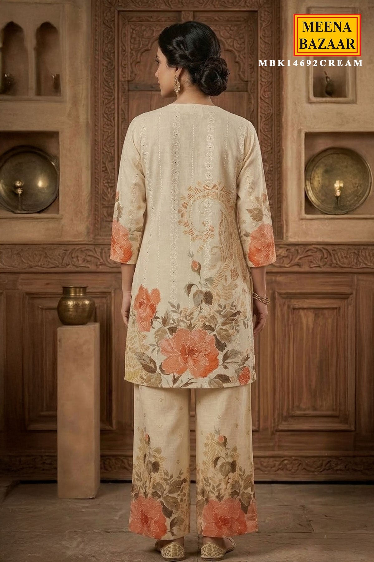 Cream Cotton Kurti Suit with Neck Embroidery