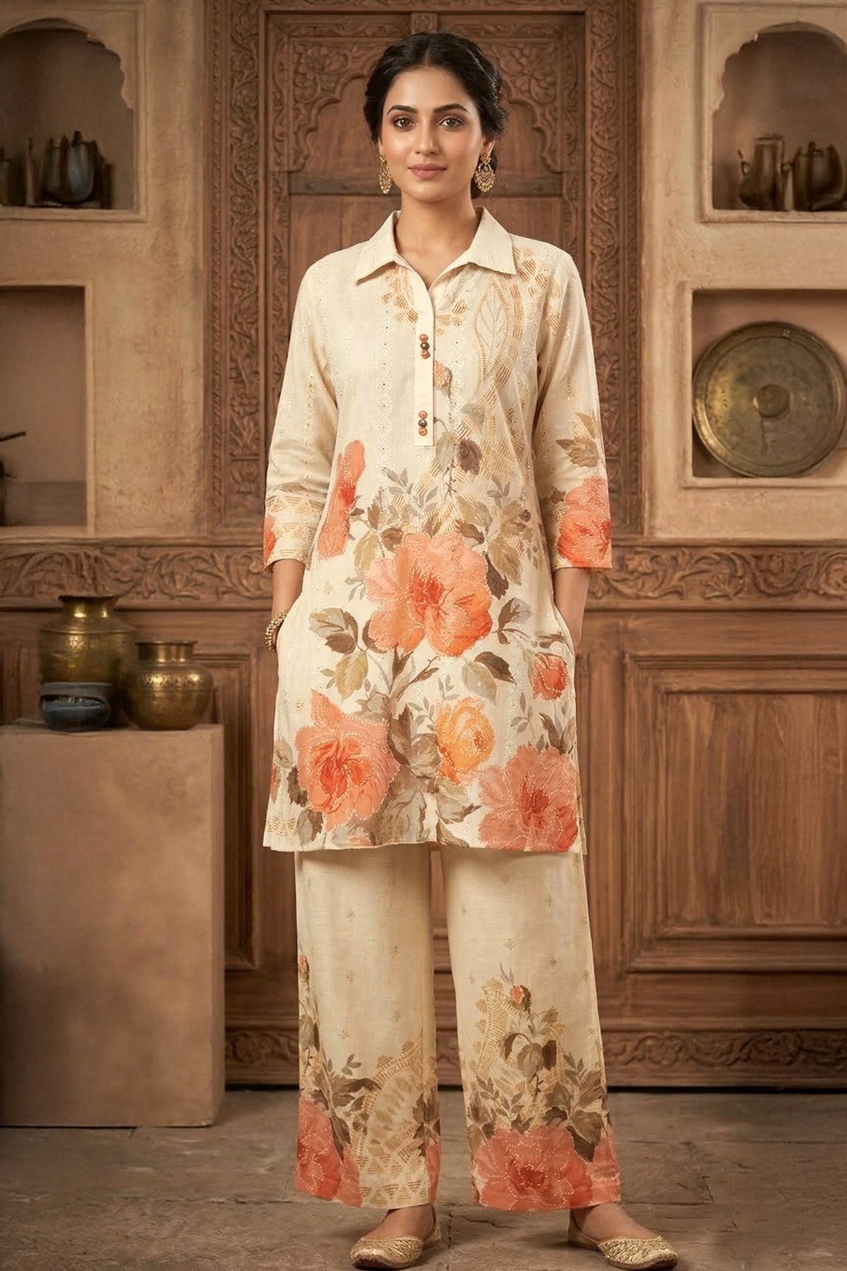 Cream Cotton Kurti Suit with Neck Embroidery
