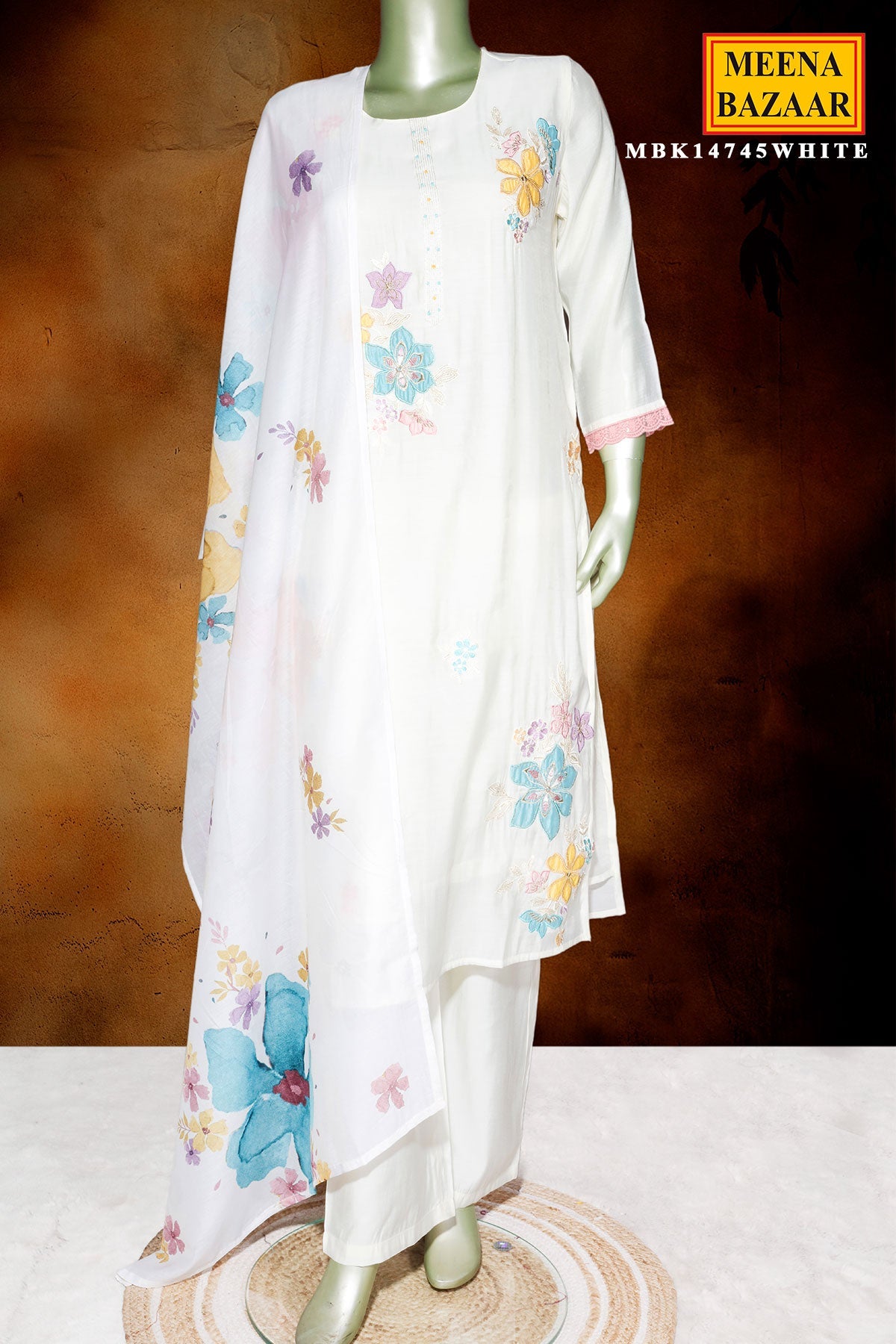 White Maslin Ready-Made Suit with Elegant Neck Embroidery