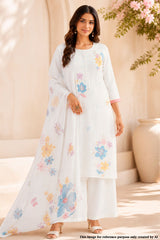 White Maslin Ready-Made Suit with Elegant Neck Embroidery