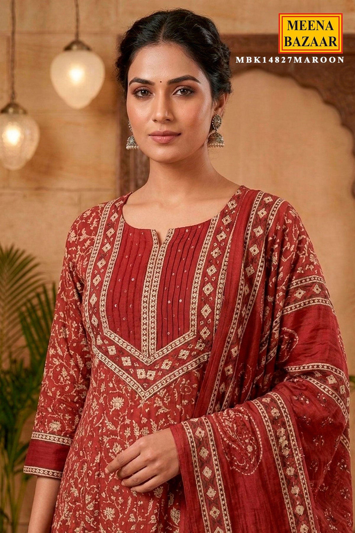 Rust Cotton ReadyMade Suit with Neck Embroidery