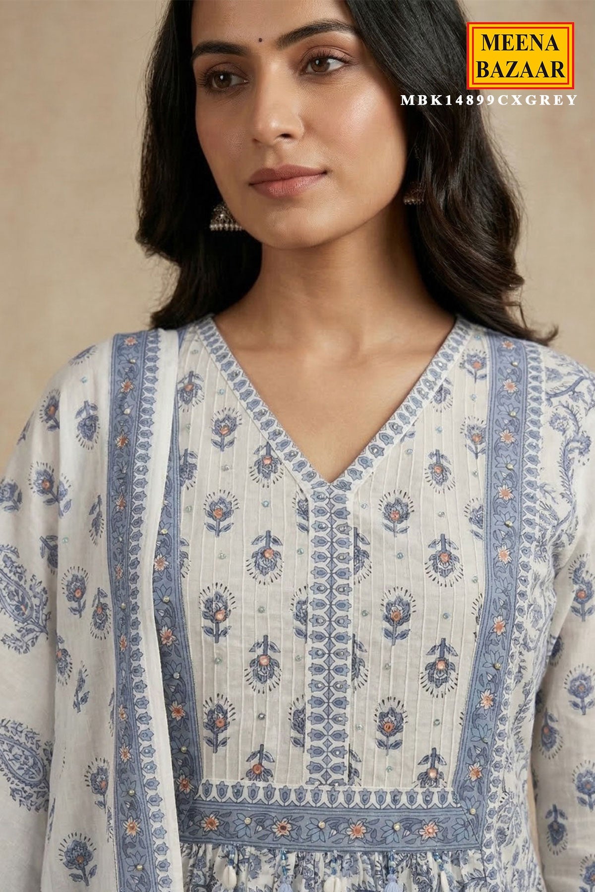 White & Grey Printed Cotton ReadyMade Suit with Embroidered Neck