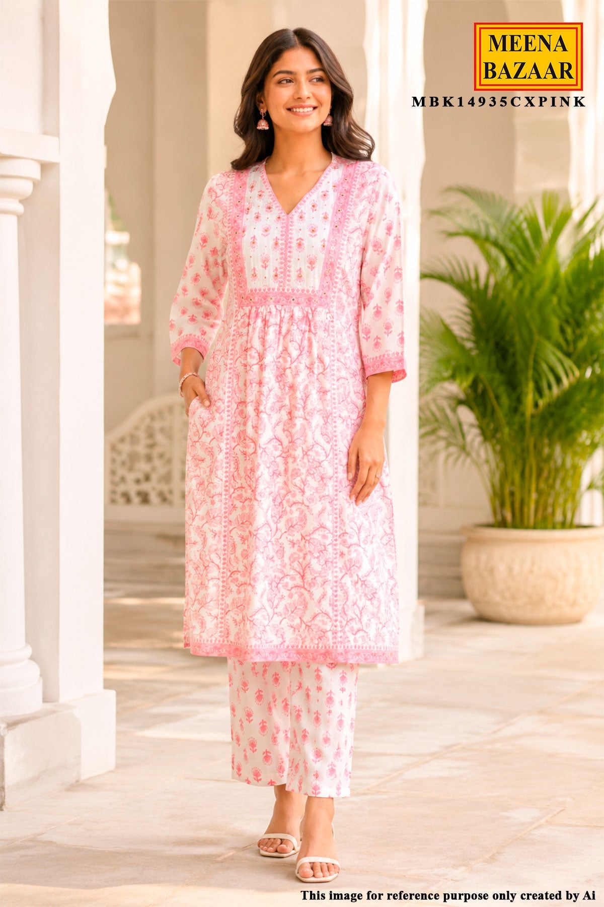 Pink Cotton Ready-Made Suit With Floral Printed Dupatta & Pant