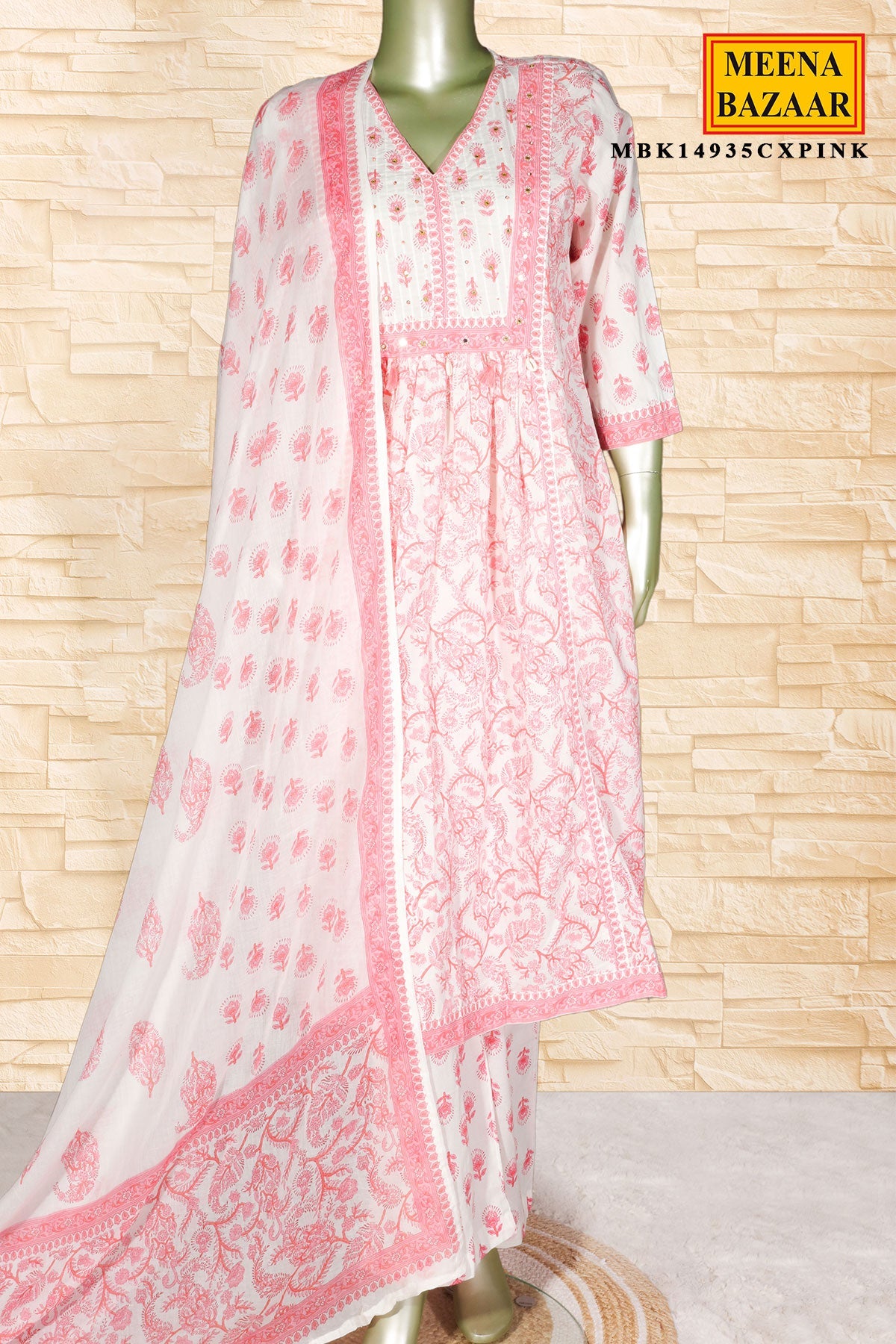 Pink Cotton Ready-Made Suit With Floral Printed Dupatta & Pant