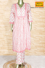 Pink Cotton Ready-Made Suit With Floral Printed Dupatta & Pant