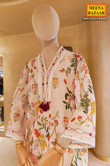Cream Botanical Print Kurta Set with Lace Detailing