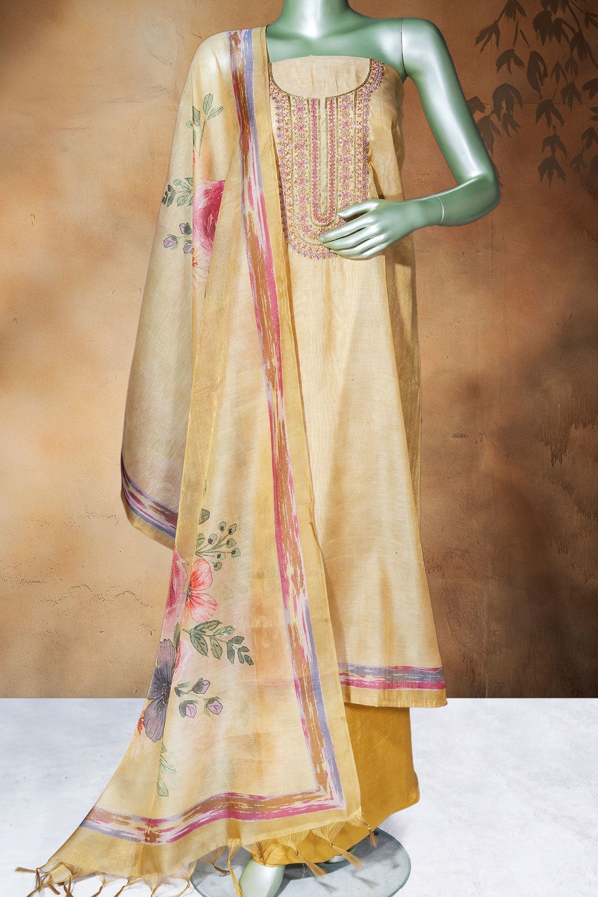 Mustard Cotton Unstitched Suit with Elegant Embroidery