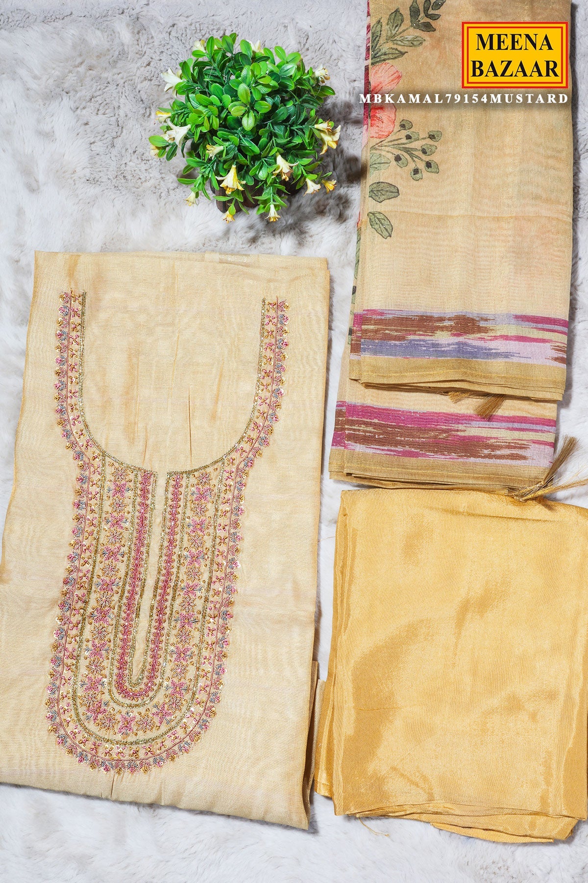 Mustard Cotton Unstitched Suit with Elegant Embroidery