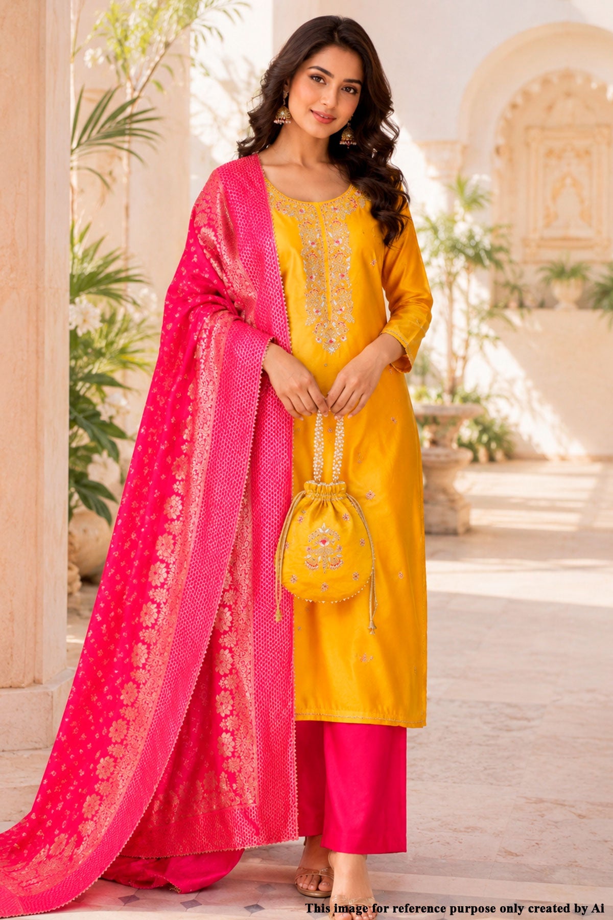 Mustard Chanderi Unstitched Suit Set With Printed Dupatta, Gotta Patti & Pouch