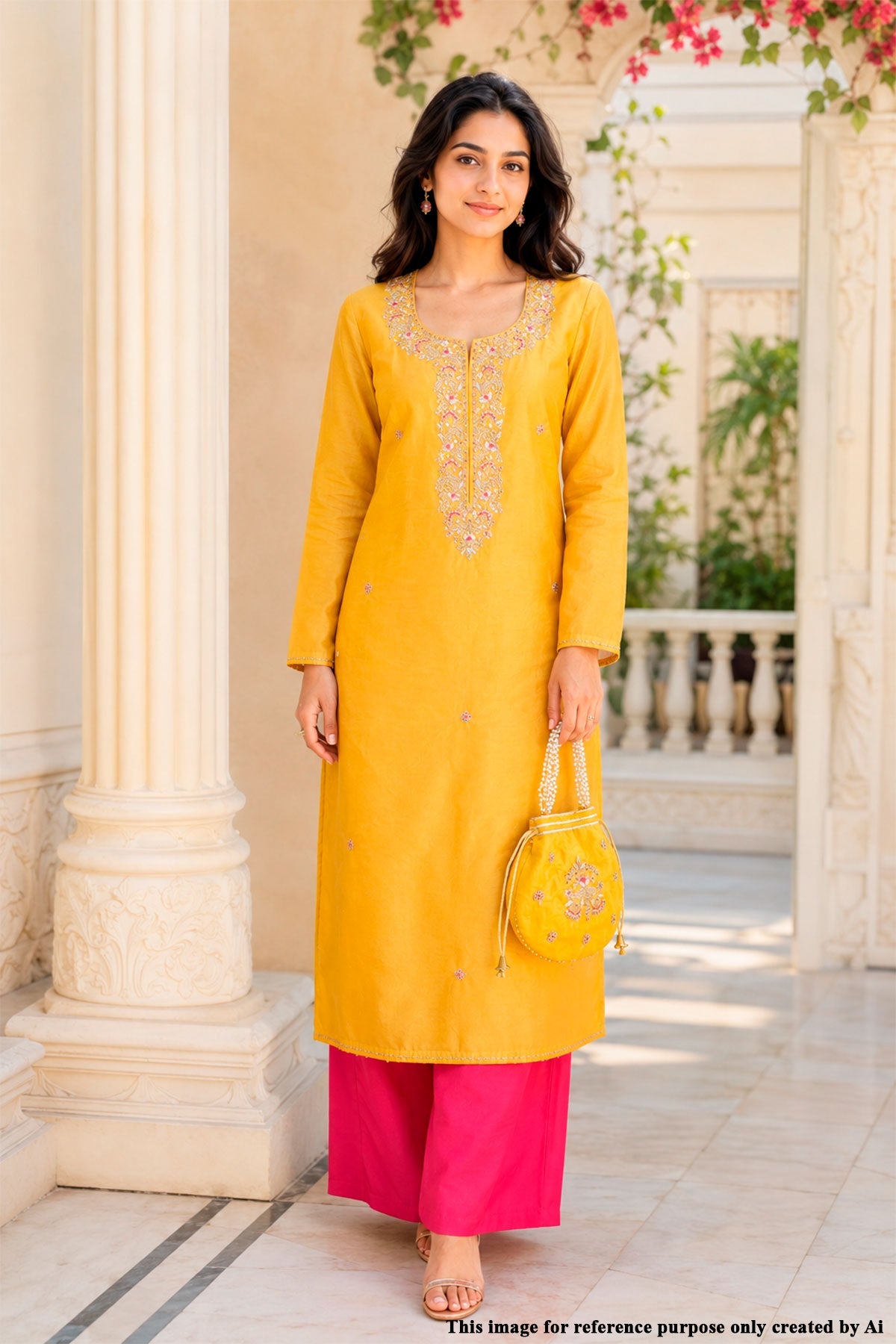 Mustard Chanderi Unstitched Suit Set With Printed Dupatta, Gotta Patti & Pouch