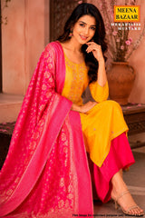Mustard Chanderi Unstitched Suit Set With Printed Dupatta, Gotta Patti & Pouch