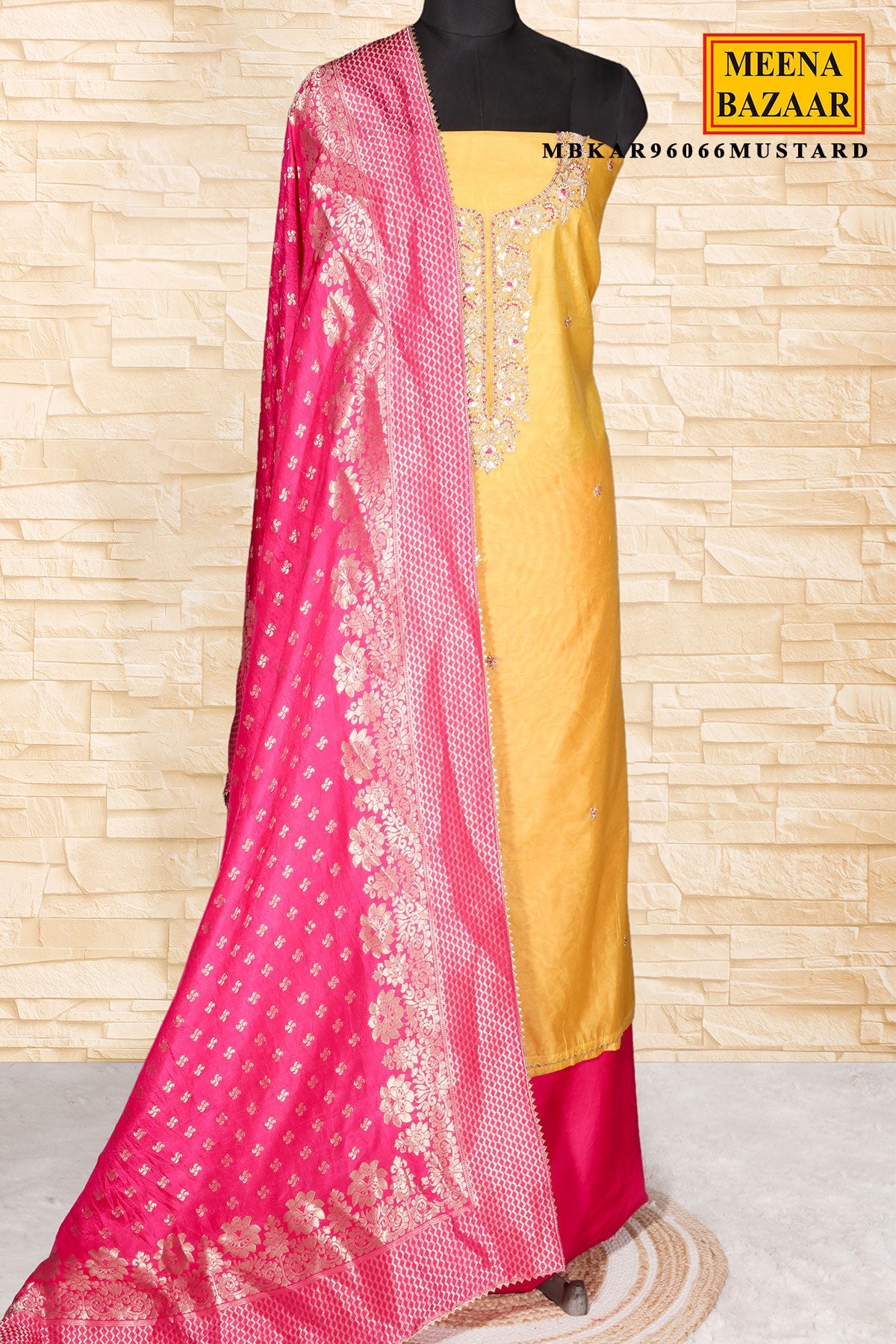 Mustard Chanderi Unstitched Suit Set With Printed Dupatta, Gotta Patti & Pouch