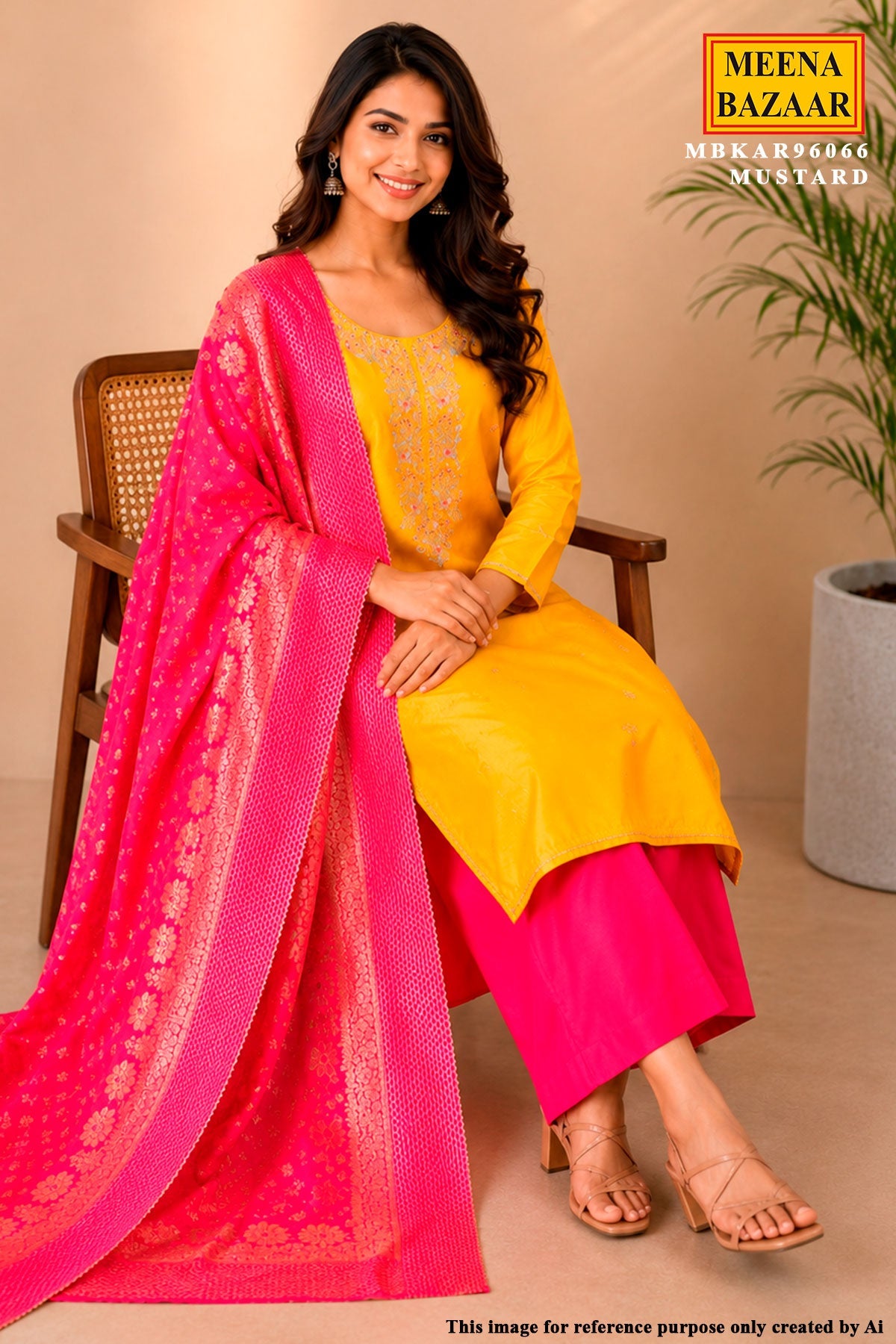 Mustard Chanderi Unstitched Suit Set With Printed Dupatta, Gotta Patti & Pouch