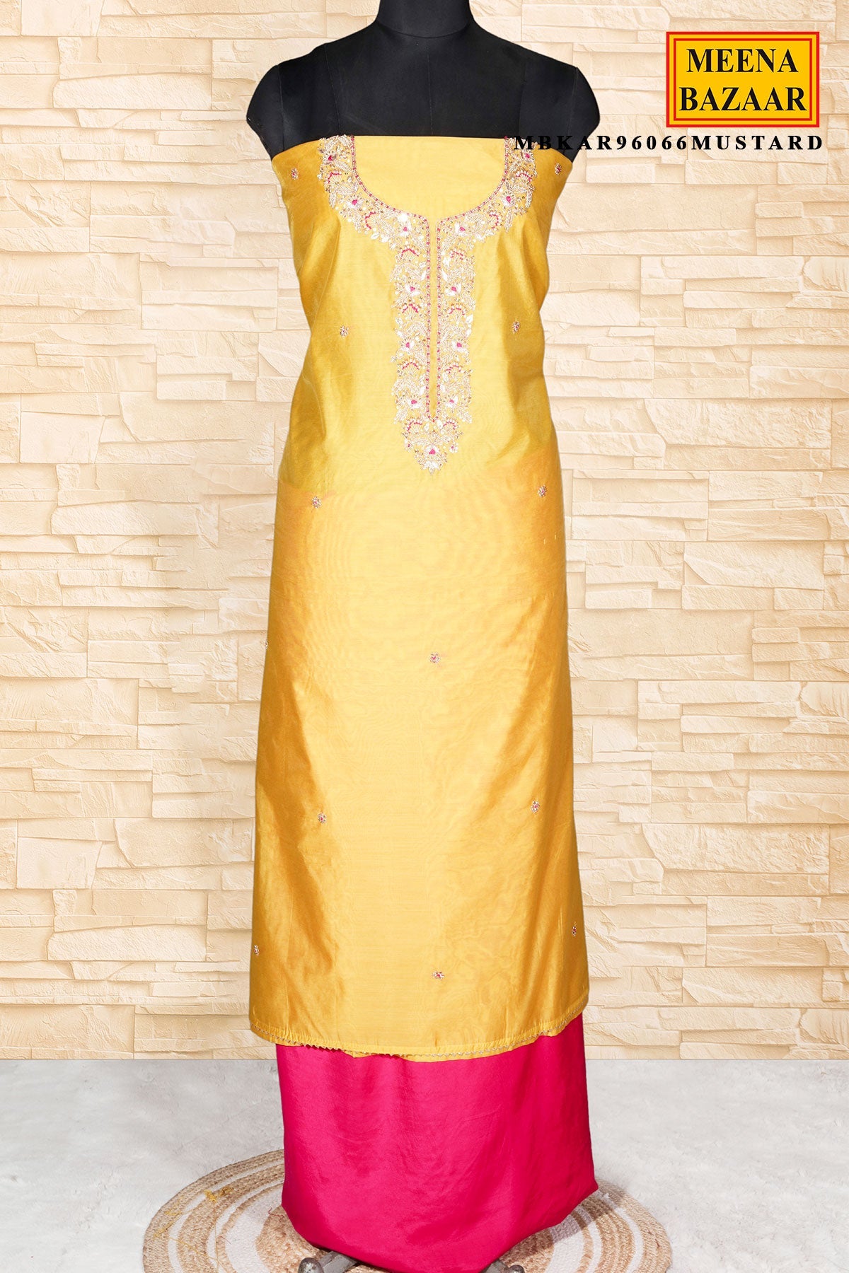 Mustard Chanderi Unstitched Suit Set With Printed Dupatta, Gotta Patti & Pouch