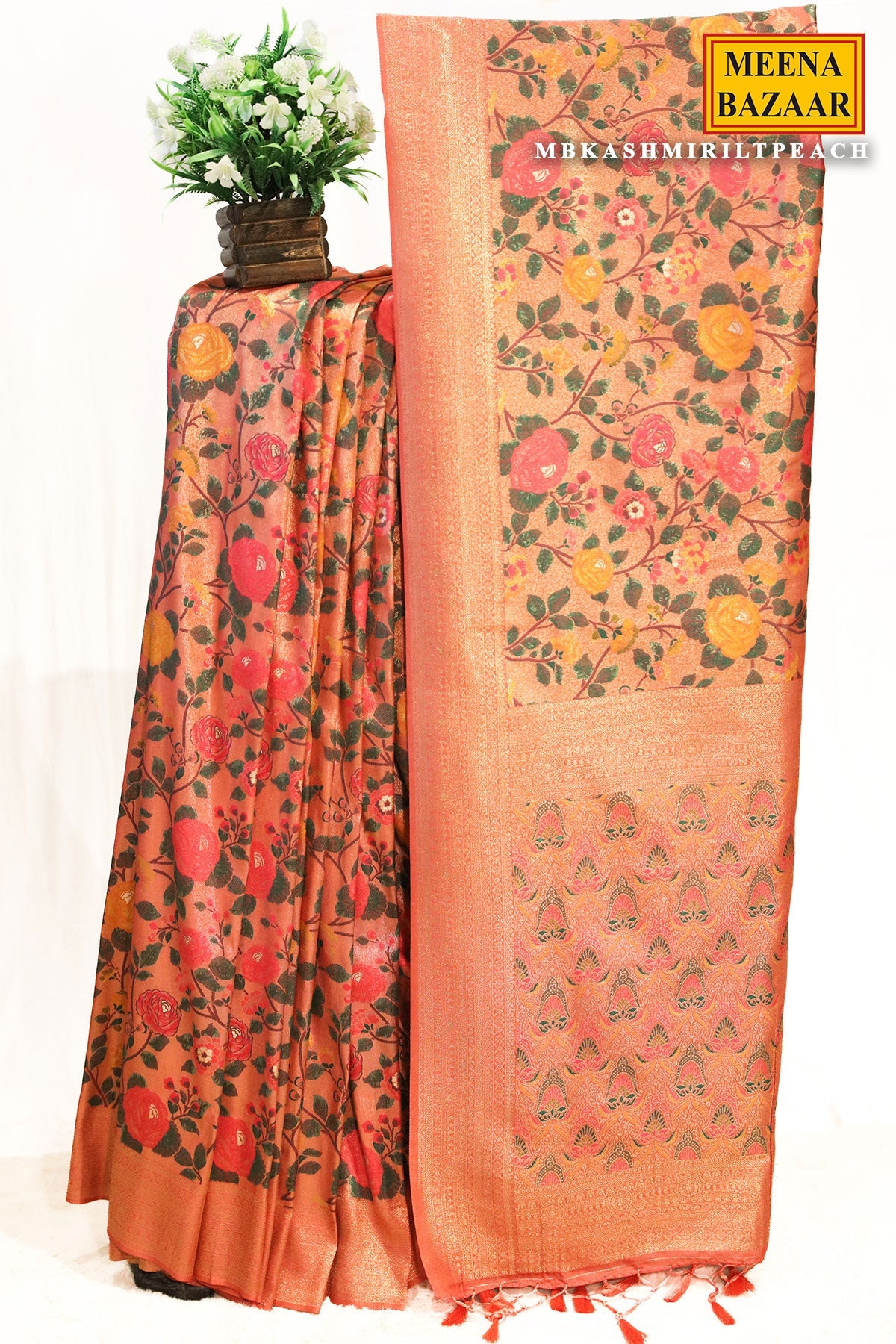 Kashmiri Peach Silk Weaving Jaal Saree