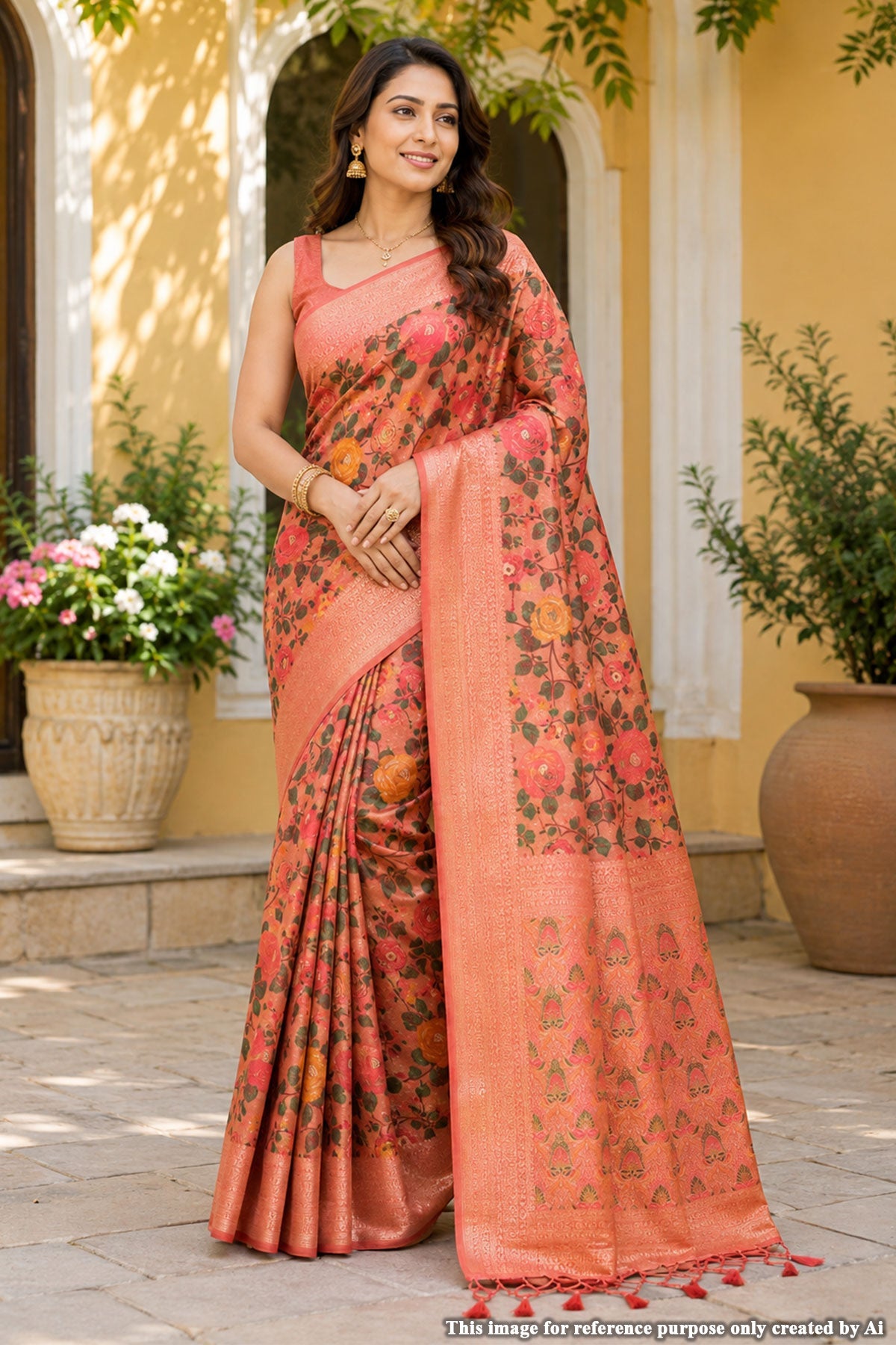 Kashmiri Peach Silk Weaving Jaal Saree