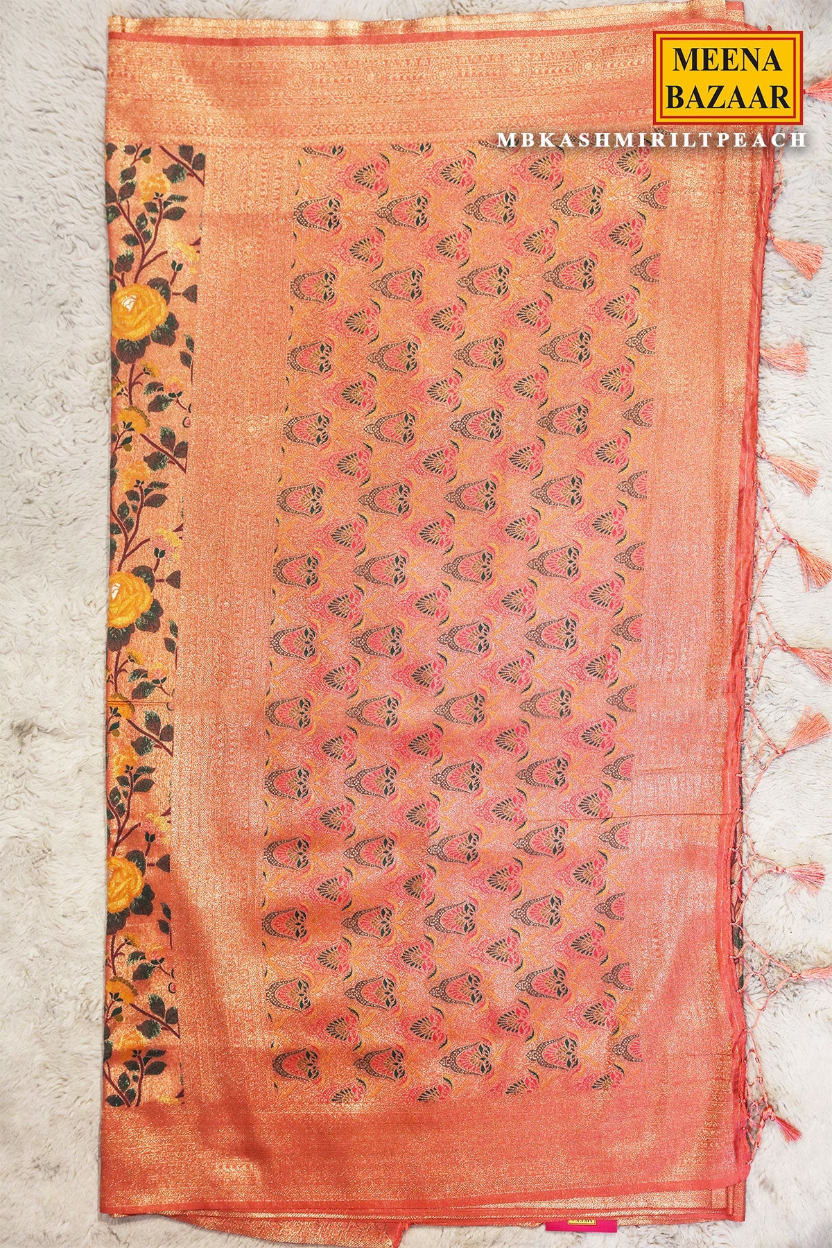 Kashmiri Peach Silk Weaving Jaal Saree