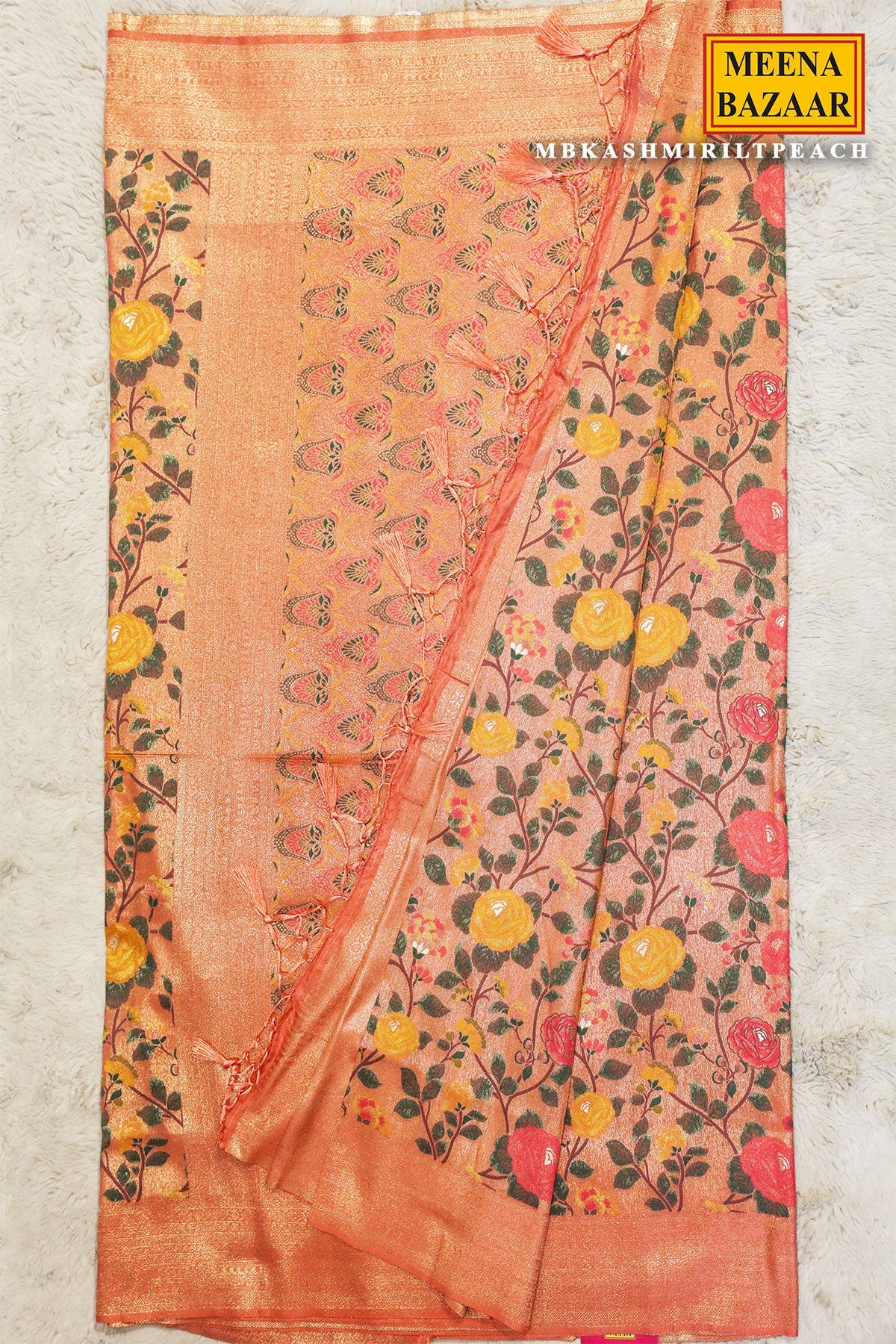 Kashmiri Peach Silk Weaving Jaal Saree