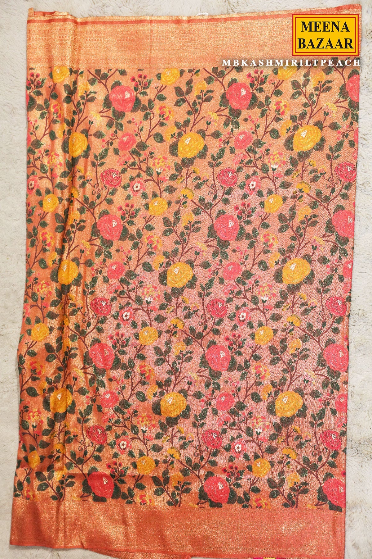 Kashmiri Peach Silk Weaving Jaal Saree