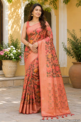 Kashmiri Peach Silk Weaving Jaal Saree