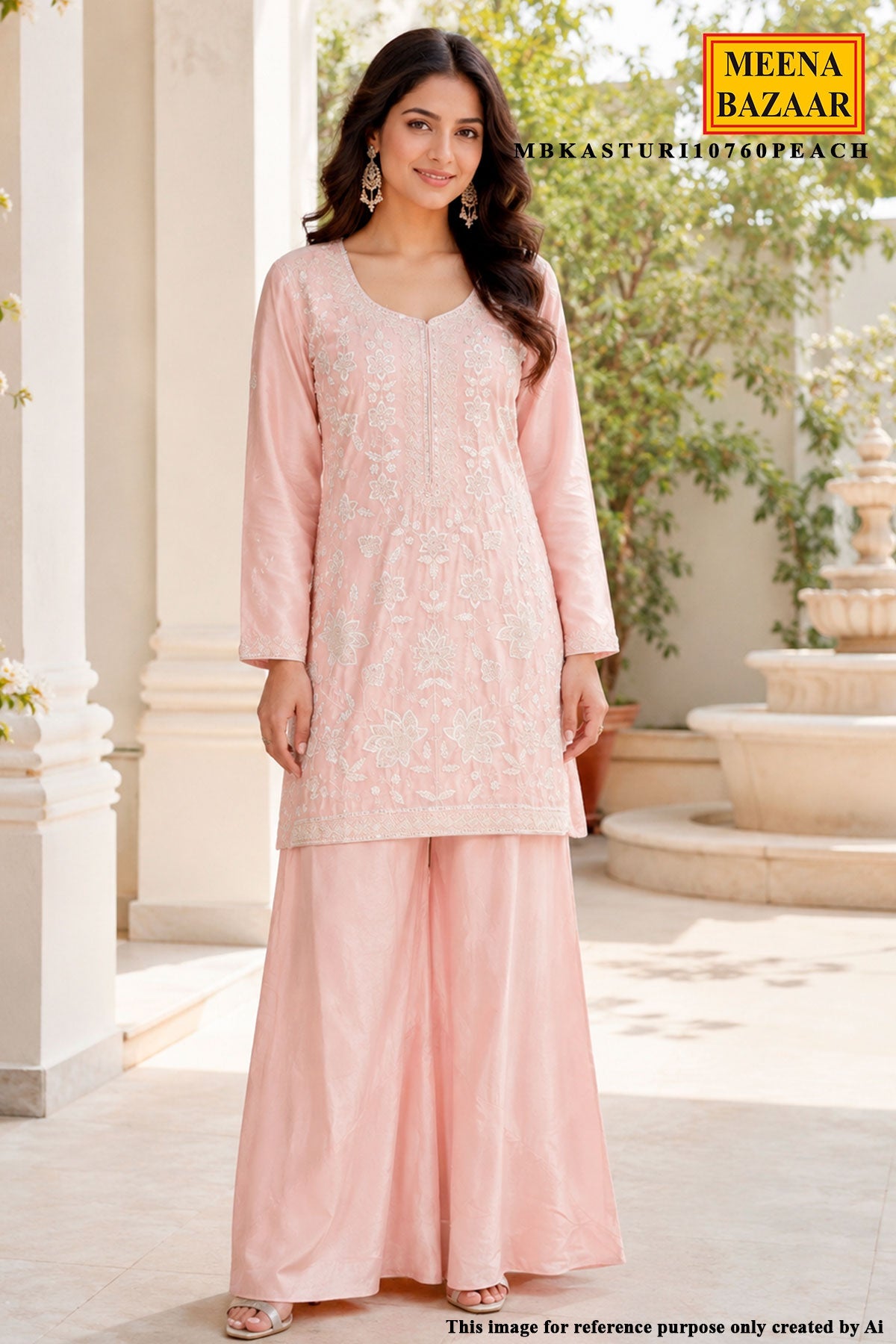 Peach Chinon Embroidered Ready Made Suit