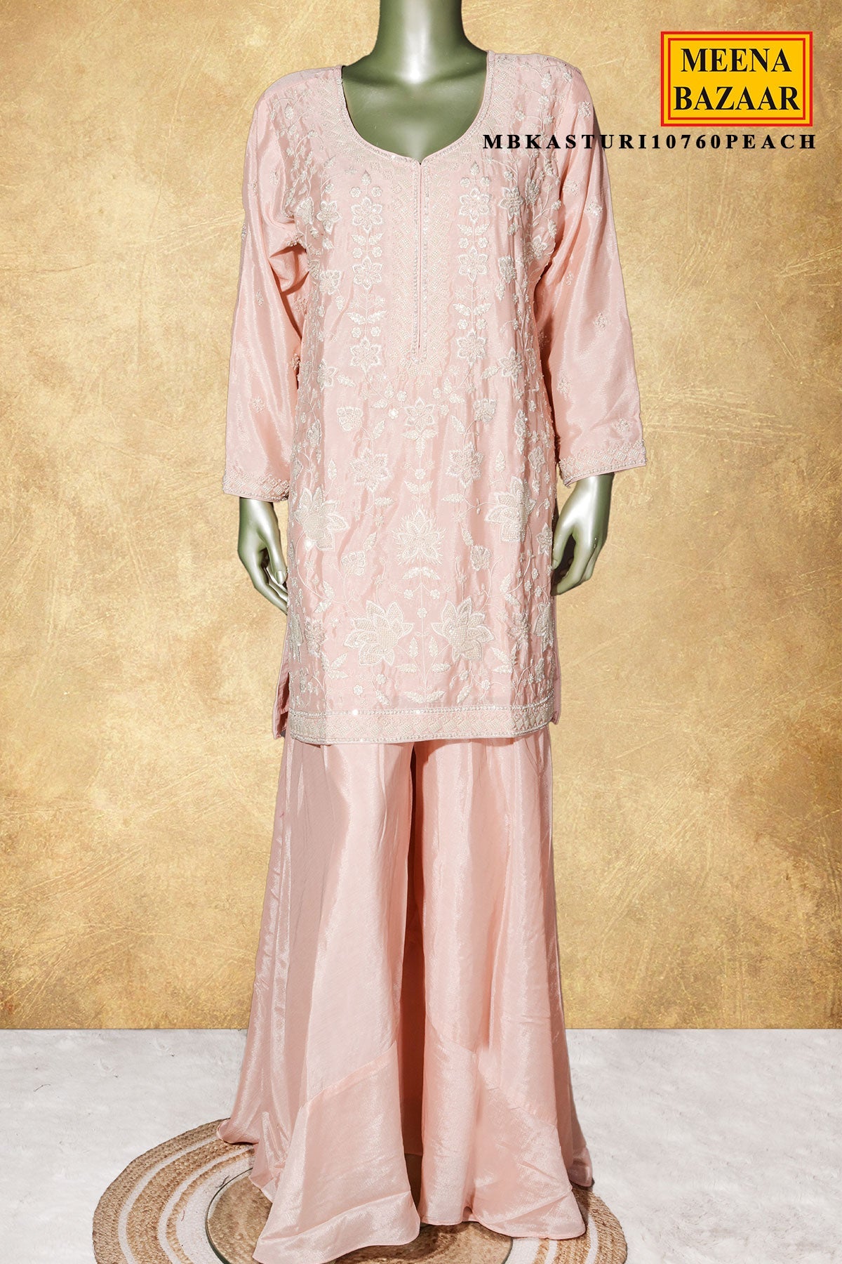 Peach Chinon Embroidered Ready Made Suit