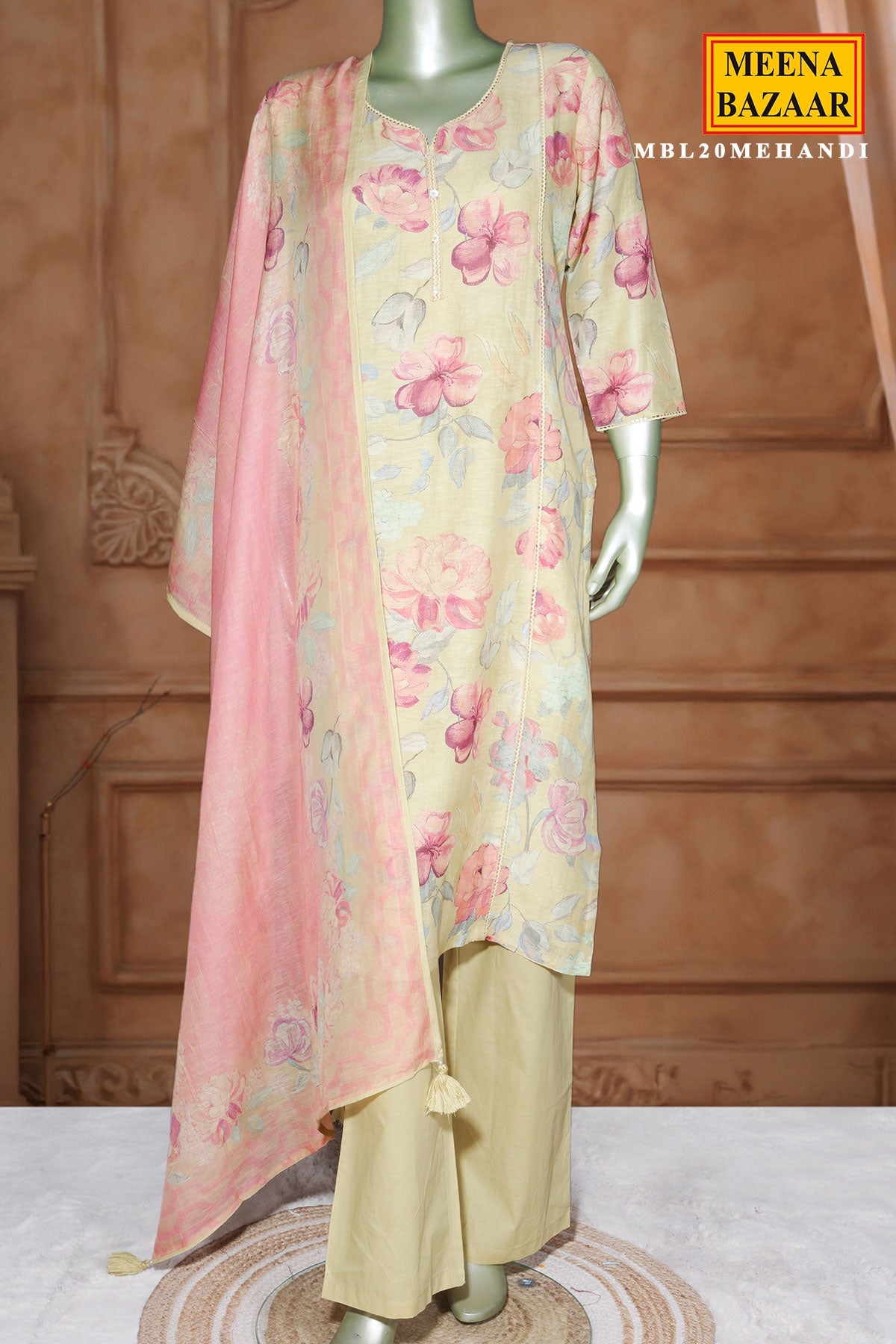 Mehandi Cotton Printed Readymade Suit