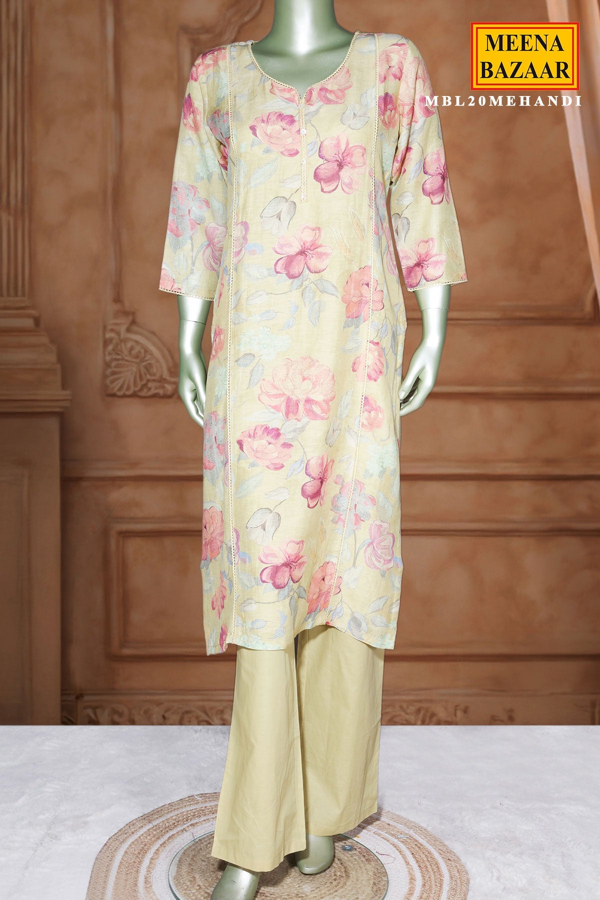 Mehandi Cotton Printed Readymade Suit