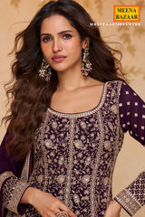 Wine Georgette Embroidered Gown