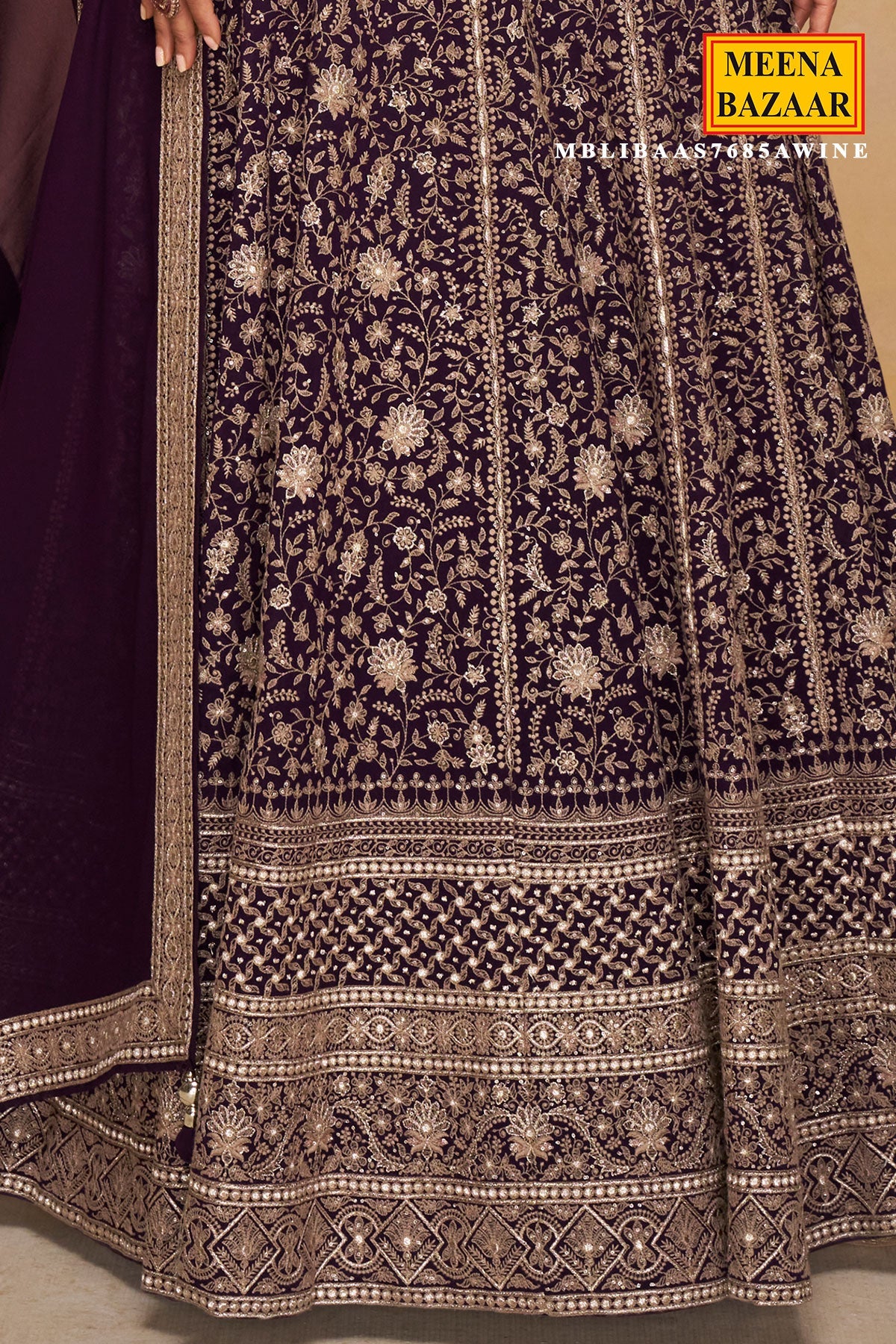 Wine Georgette Embroidered Gown
