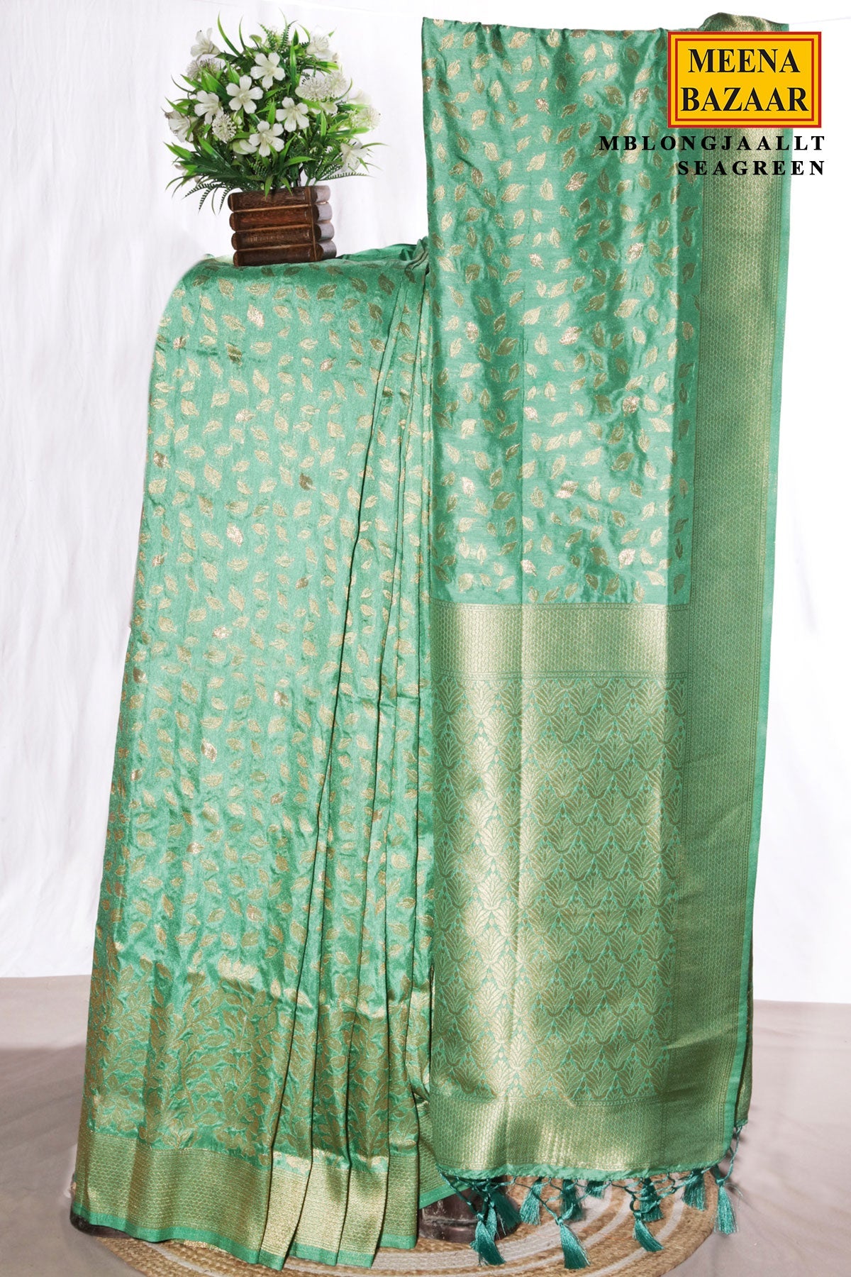 Sea Green Silk Saree with Elegant Weaving Buti
