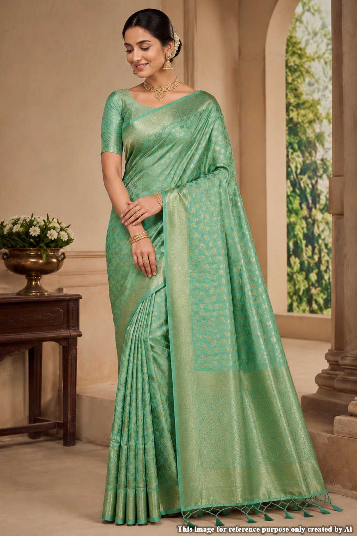 Sea Green Silk Saree with Elegant Weaving Buti