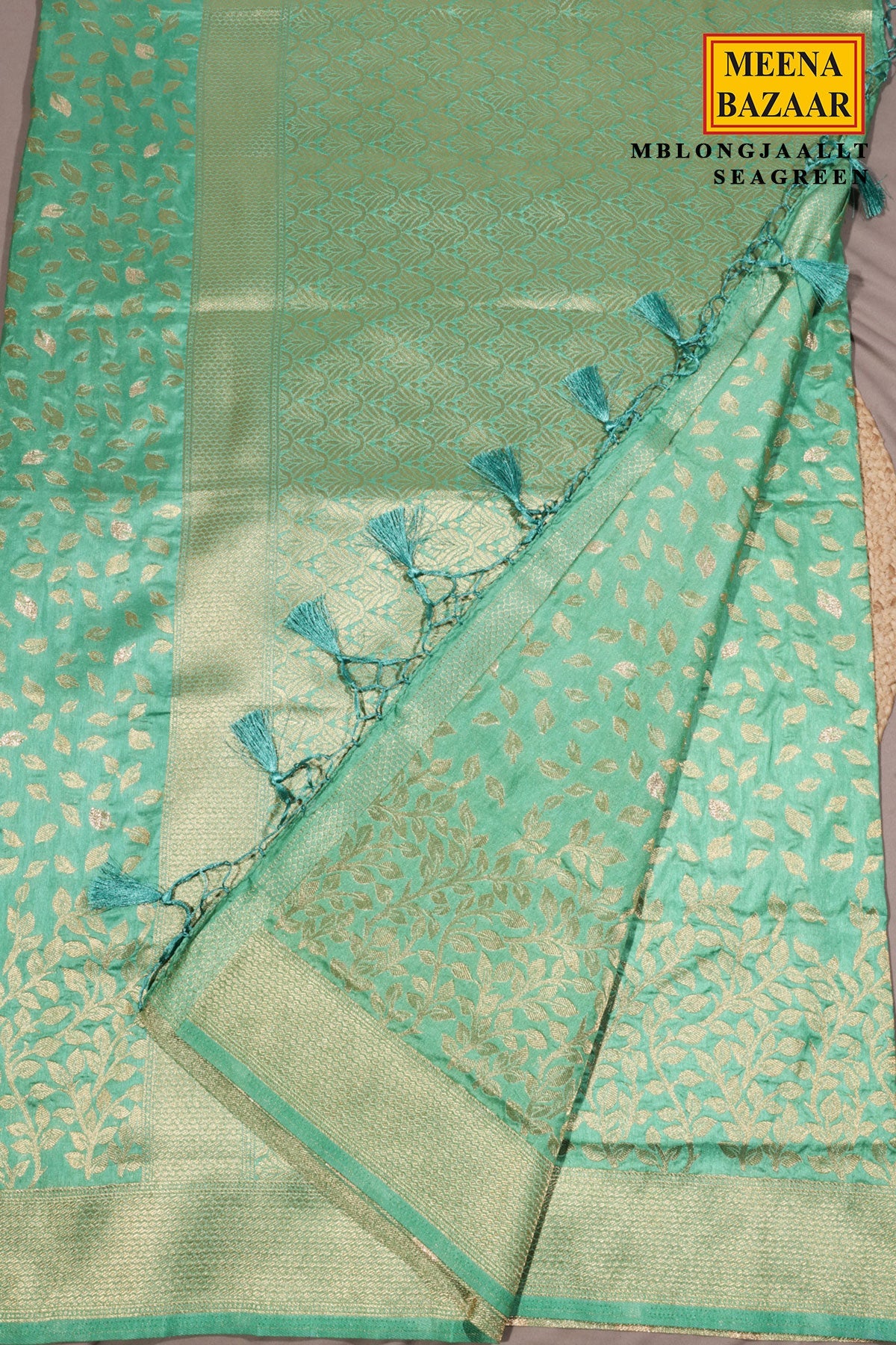 Sea Green Silk Saree with Elegant Weaving Buti