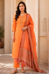 Orange Embroidered Suit Set with Dupatta