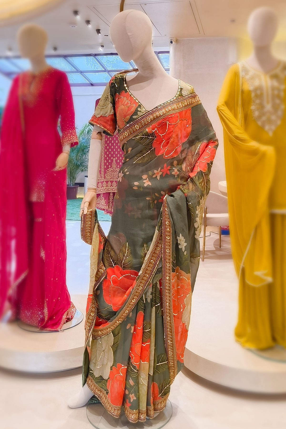 Mehandi Georgette Saree Set with Sequins Jaal Work
