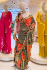 Mehandi Georgette Saree Set with Sequins Jaal Work