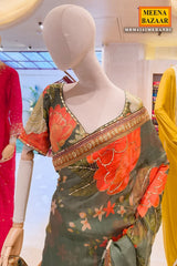Mehandi Georgette Saree Set with Sequins Jaal Work