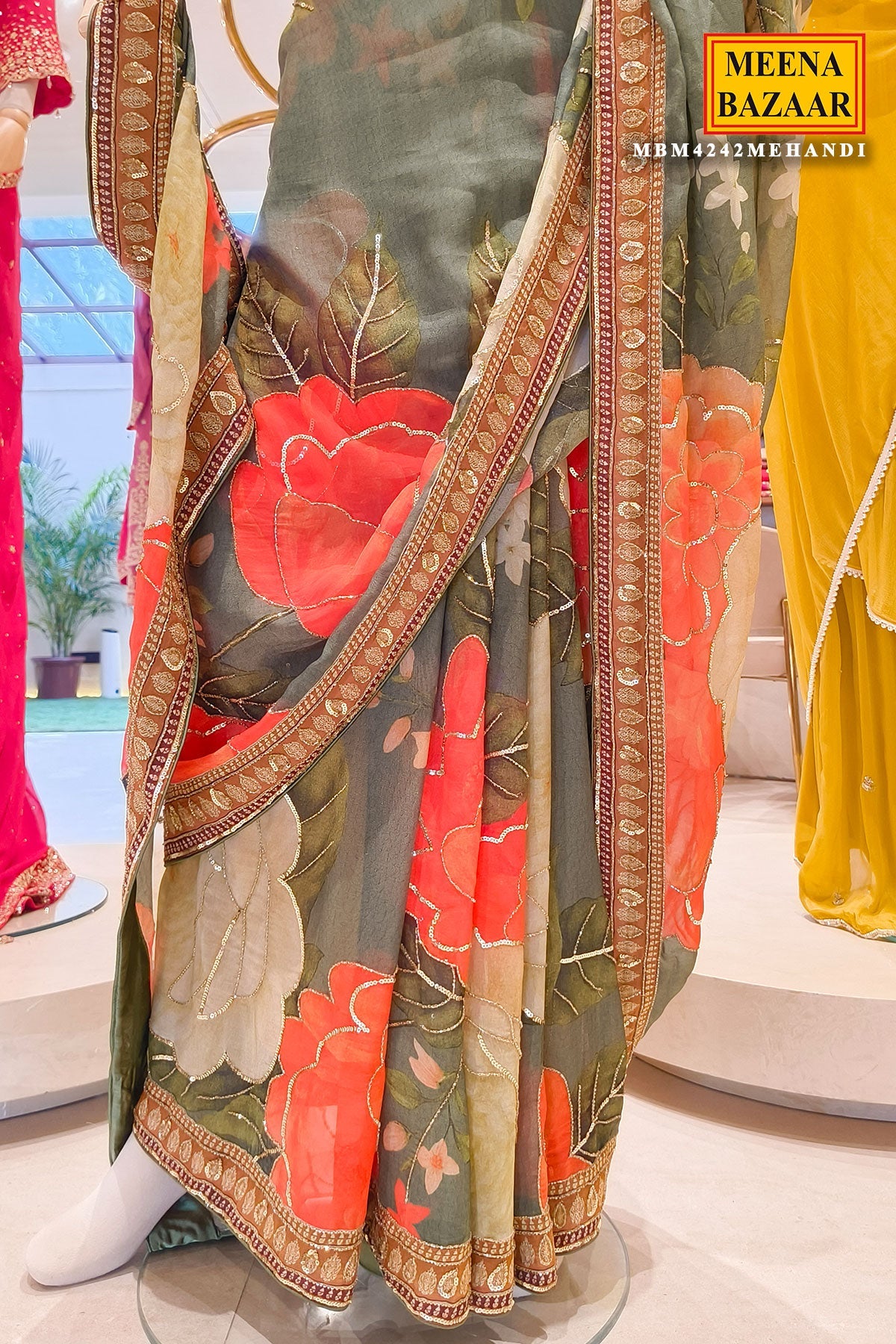 Mehandi Georgette Saree Set with Sequins Jaal Work
