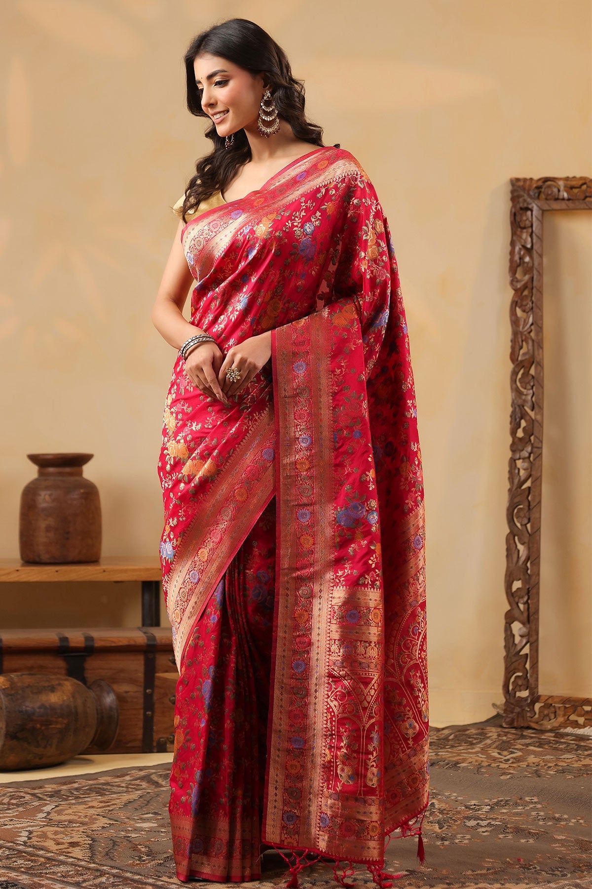 Rani Silk Saree with Multicolour Floral Banarasi Weave