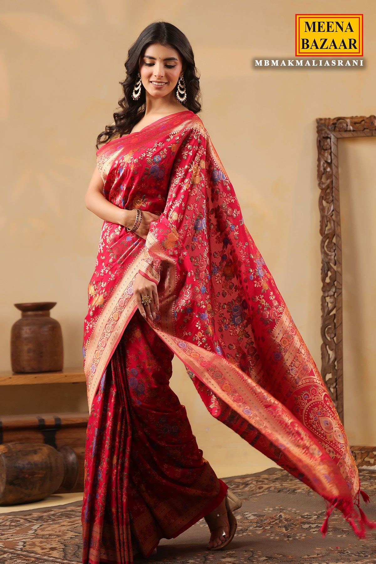 Rani Silk Saree with Multicolour Floral Banarasi Weave
