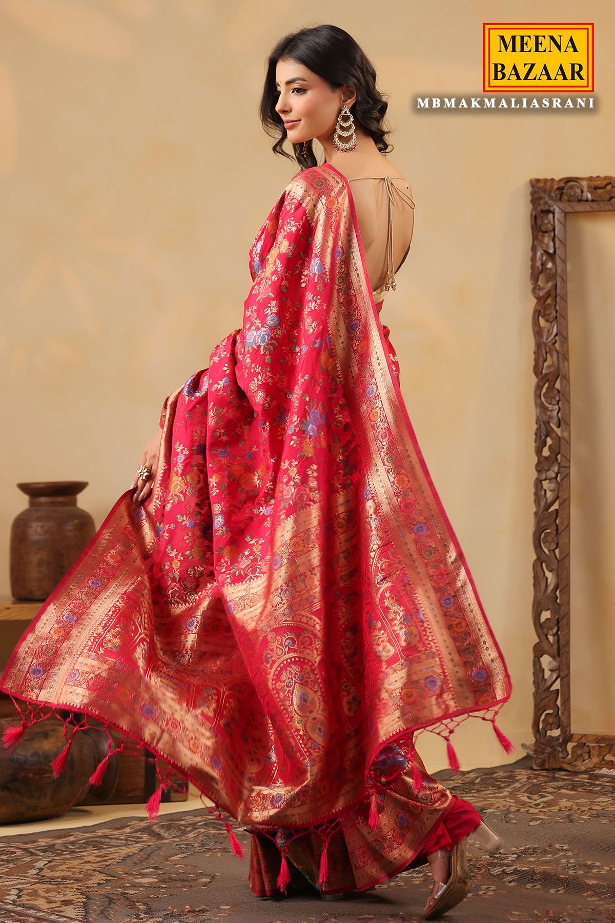 Rani Silk Saree with Multicolour Floral Banarasi Weave
