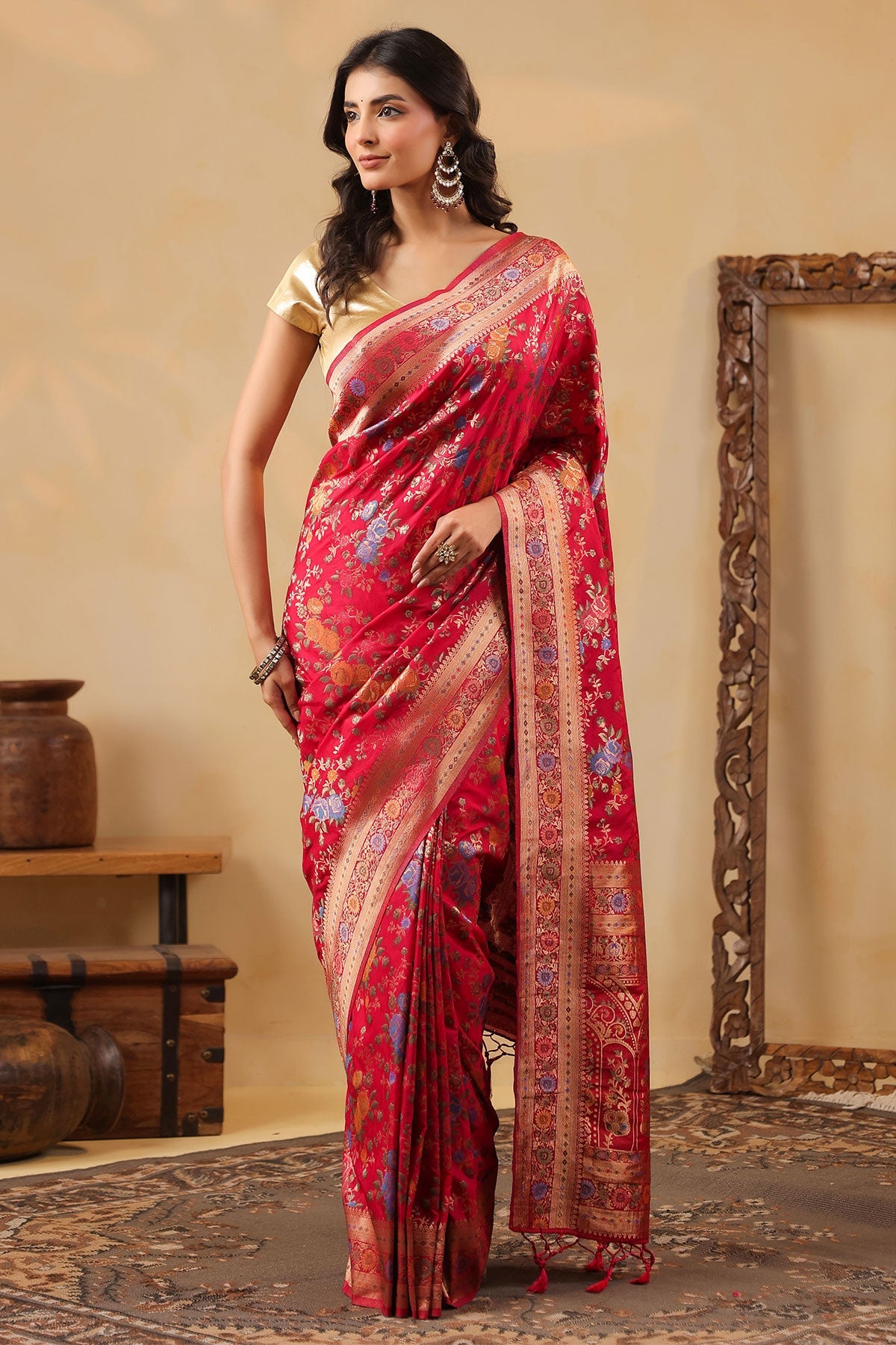 Rani Silk Saree with Multicolour Floral Banarasi Weave