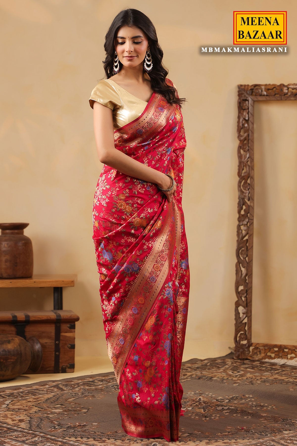 Rani Silk Saree with Multicolour Floral Banarasi Weave