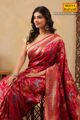 Rani Silk Saree with Multicolour Floral Banarasi Weave