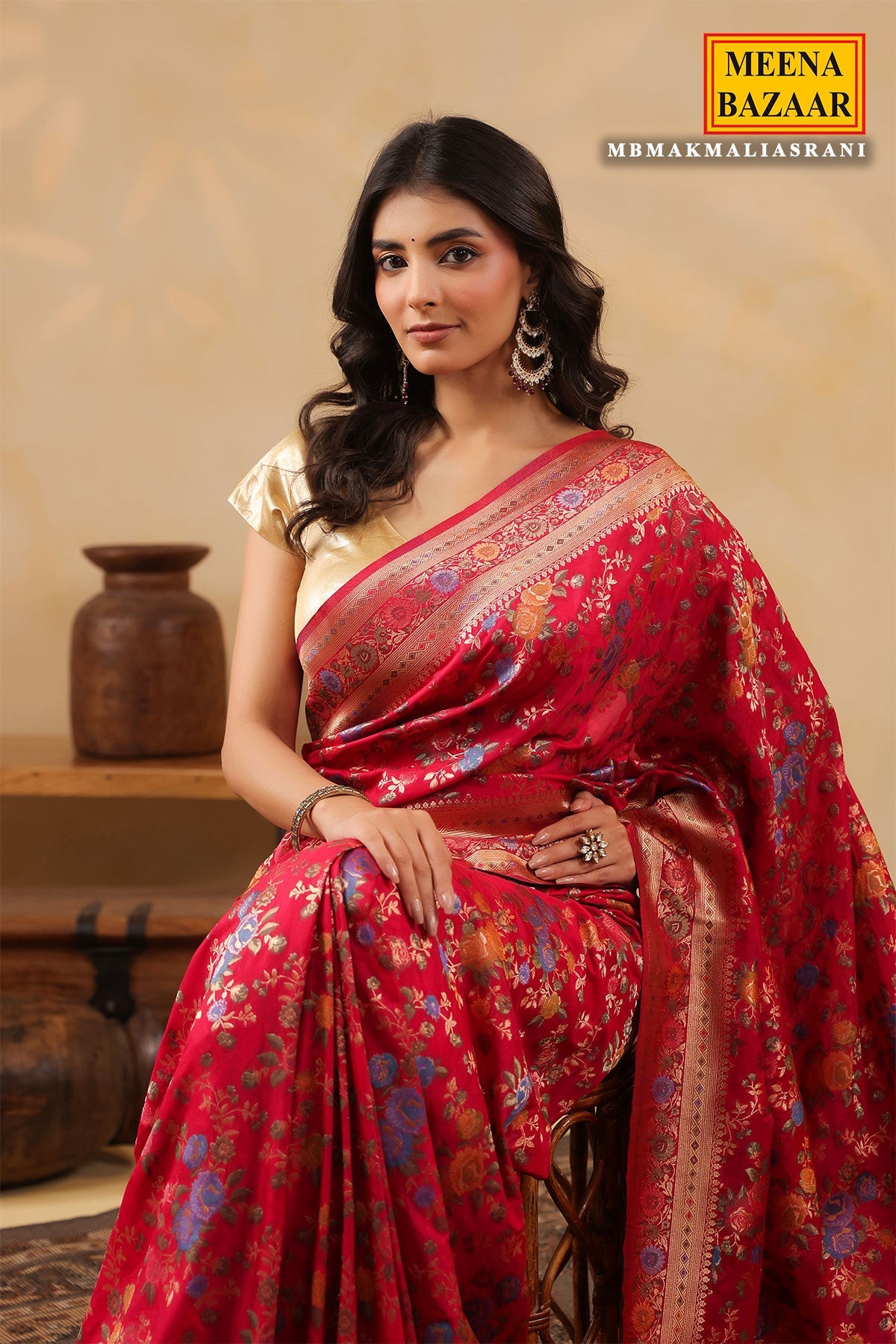 Rani Silk Saree with Multicolour Floral Banarasi Weave