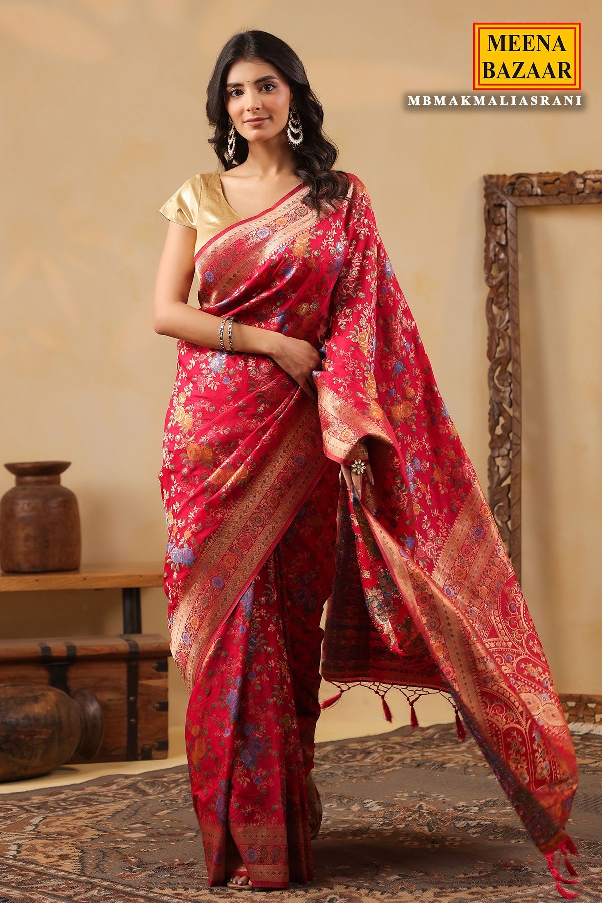Rani Silk Saree with Multicolour Floral Banarasi Weave