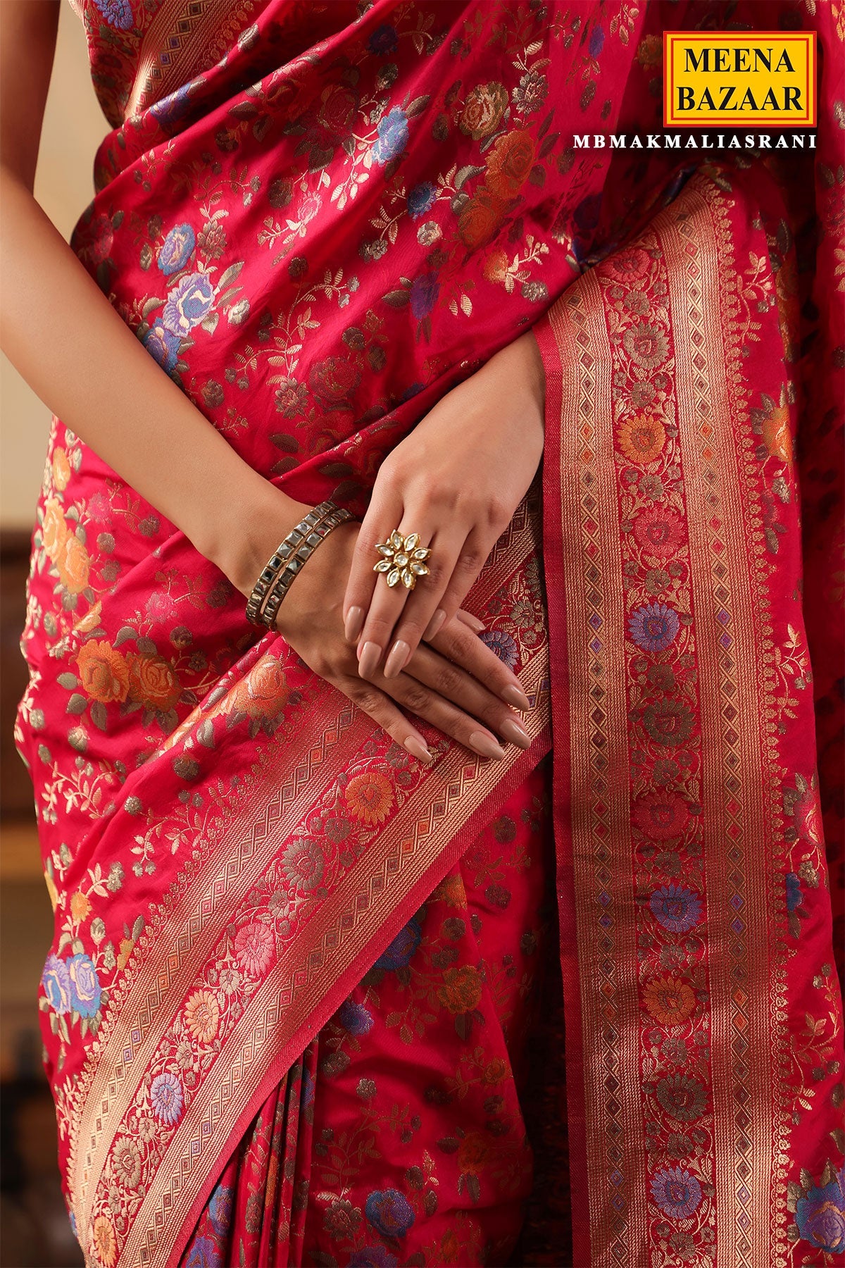 Rani Silk Saree with Multicolour Floral Banarasi Weave